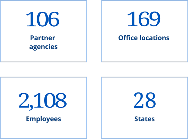 Location Stats: 102 partner agencies, 156 office locations, 2,042 employees, 28 states